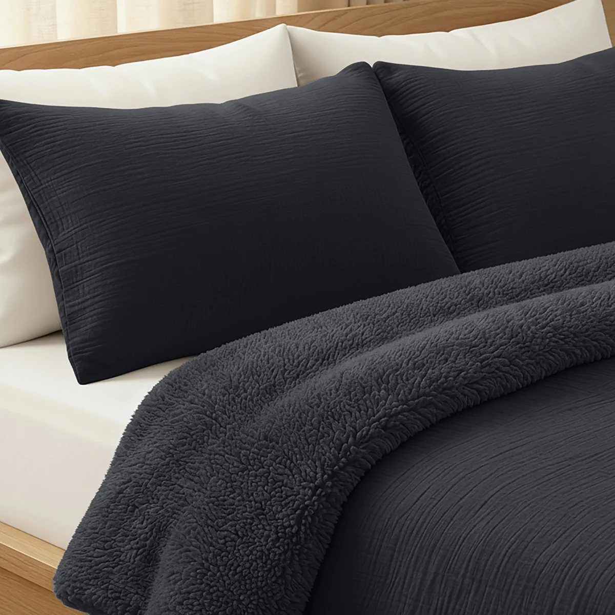 Teddy Katoen Mousseline Kussensloop Set van 2 - Anthracite - Image 2